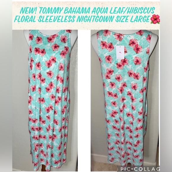 New! Tommy Bahama Aqua Leaf/Hibiscus Floral Sleeveless Nightgown Size Large🌴🌺